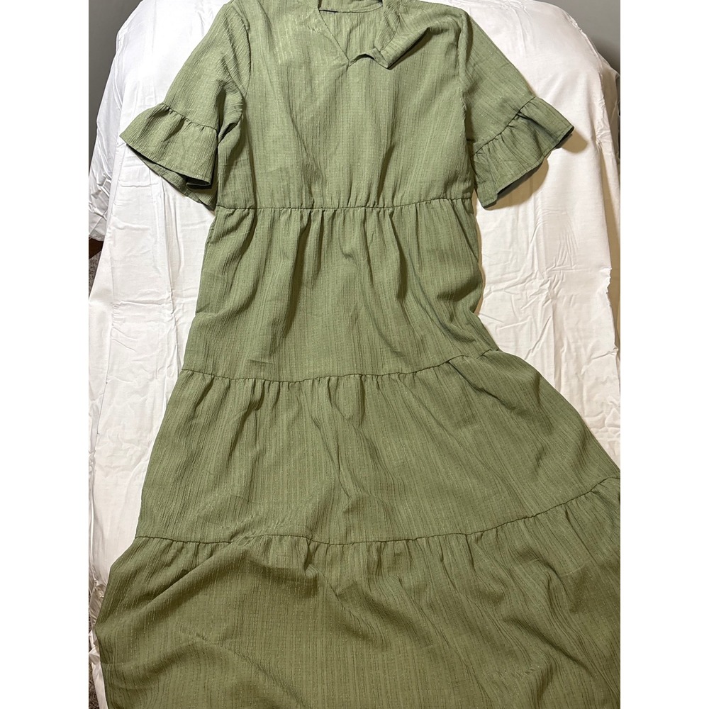 Emery Rose Sage Green Tiered Maxi Dress Split V-Neck Ruffle Sleeve Size L